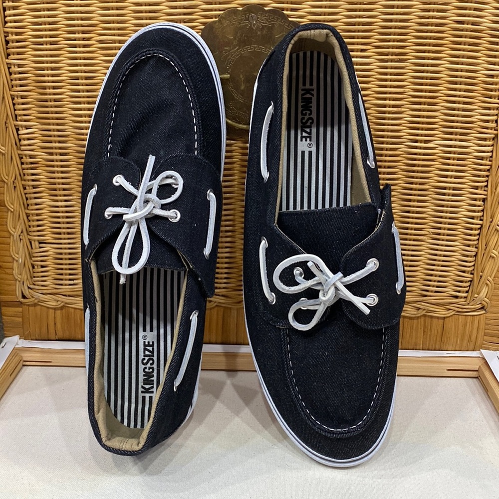 NEW KingSize Canvas Slip-on Boat Stonewash Black Denim ShoeS Adjustable Strap !
